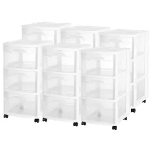 Sterilite 3 Drawer Storage Cart, Plastic Rolling Organizer with Wheels, 6 Pack