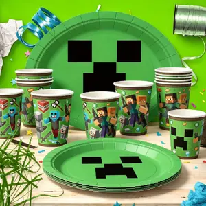 20-Pcs Pixel Block Party Supplies Set, Creeper Plate & Gaming Character Paper Cups, Kids Birthday, Gamer Party Decor, Ceremony Occasion