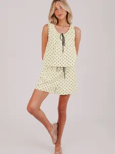 Women's Polka Dot Set, Large U-Neck Sleeveless Vest Top, Elastic Waist Pocket Short Pants, Casual Home Two-Piece