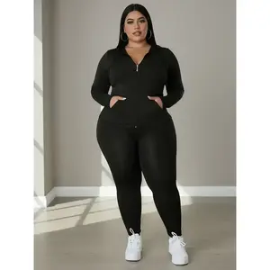 Plus-size solid zip-up hooded top and fitted skinny pants set; casual lightweight long-sleeve hooded outerwear and trousers for women; women’s Christmas and New Year two-piece matching outfits for spring and fall