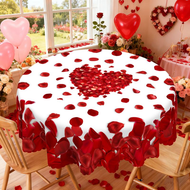 PUFMATE Romantic Valentine's Day Table Cover, Rectangle Round Table Cloth, With Rose Flower Love Heart Print Pattern, Wedding Decor, Candlelight Dinner Table Decoration, Outdoor Garden, Anniversary Party Decoration, Holiday Decoration,Valentine Gifts