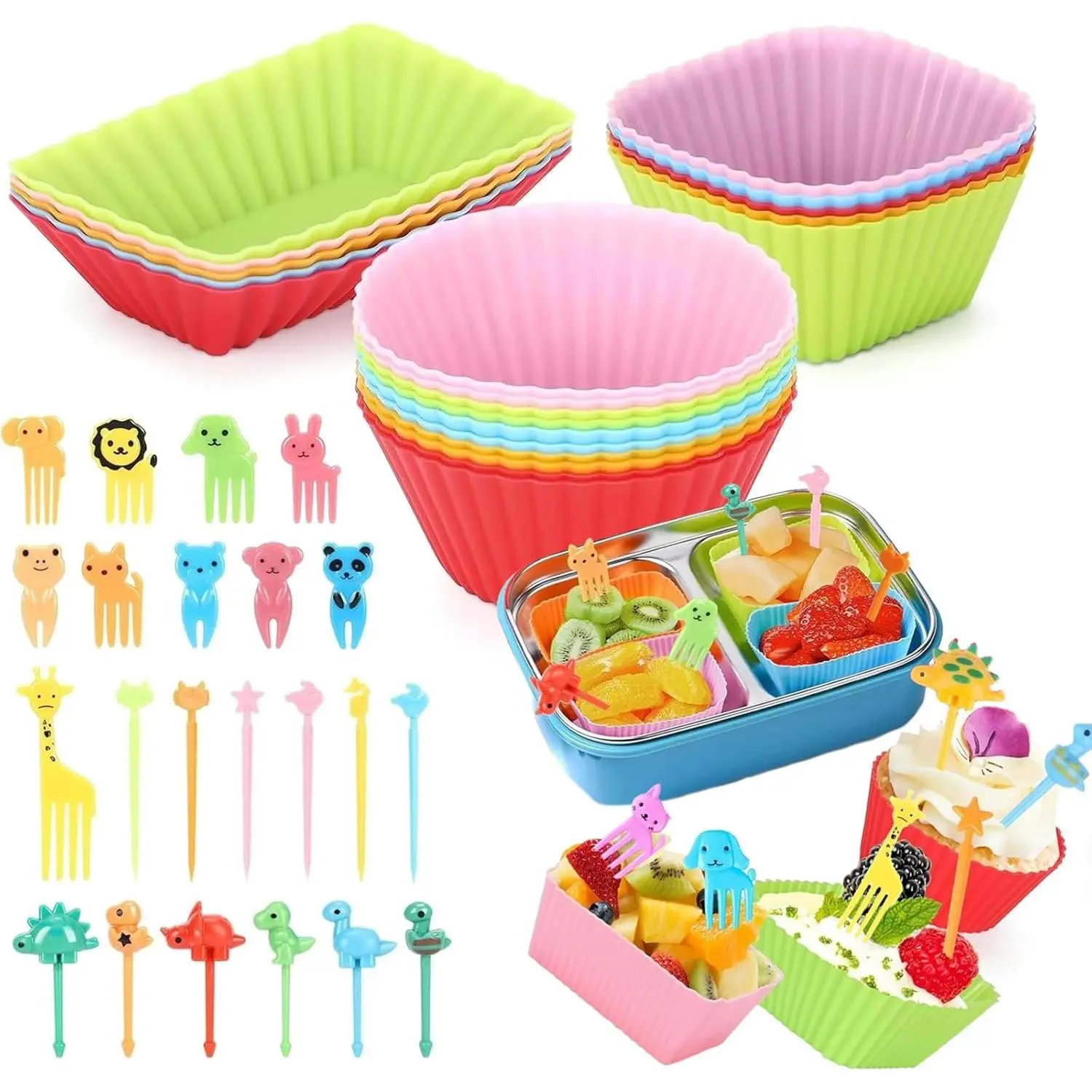 80 count  Lunch Box Dividers Set,  Cupcake Liners for Baking, Colorful Lunch Bento Box Accessories with Cute   Picks for  (20 Cupcake Liners + 60  Picks)