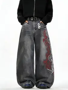 UP.THE Men's Loose Fit Wide Leg Jeans Y2K Embroidered Totem Streetwear for Skateboarders & Everyday Wear