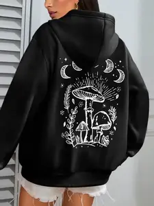 【Plus Size】 Cartoon Mushroom Print Hoodie, Casual Long Sleeve Hooded Sweatshirt for Fall & Winter, Women's Clothing for Daily Wear, Womenswear
