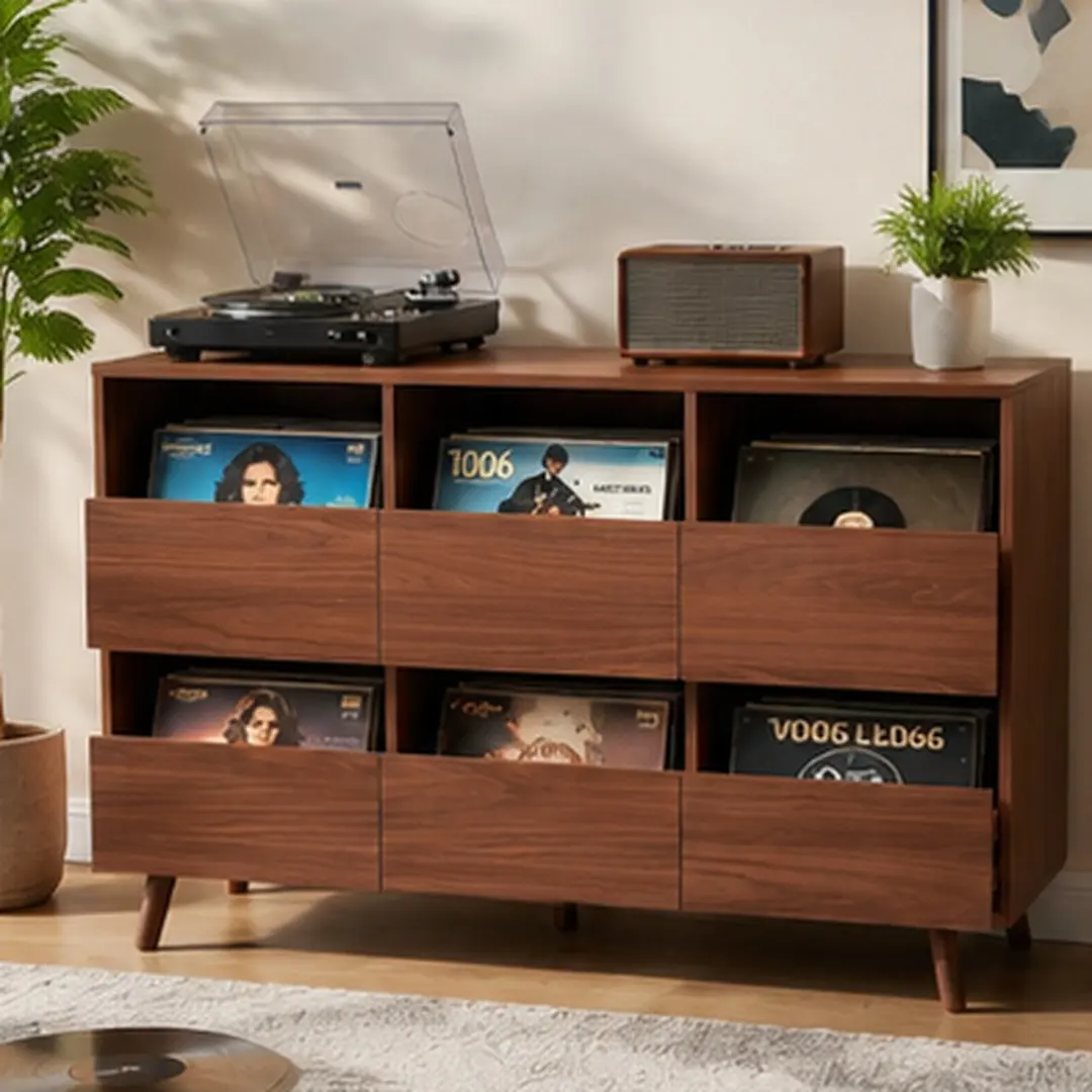44.1" Large Record Player Stand Mid Century Turntable Table with Storage Vinyl Record Holder Cabinet for Living Room Bedroom Home Entertainment Center Walnut MDF, Walnut Color Options, MDF Material, Classic Style, Product Dimensions: 15.70 W x