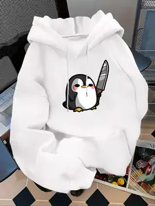 Women's Casual Fashion Loose Fit Hoodie with Penguin Print, Comfortable Fall & Winter Sweatshirt, Versatile Letter Pattern
