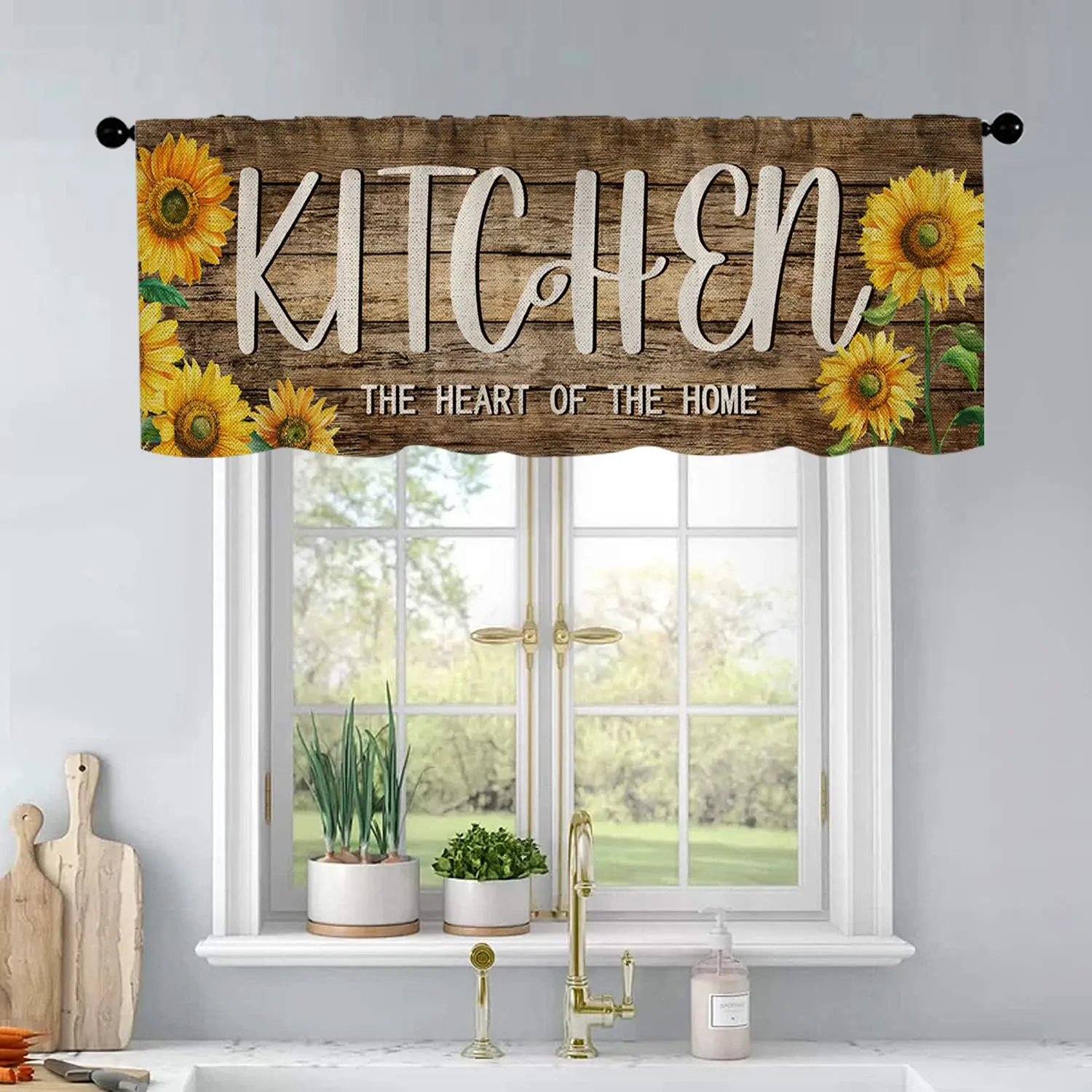 1 Pc Summer Sunflower Kitchen Wood Grain Linen Texture Background Kitchen Curtains Valance Window Hanging Living Room Bedroom Bathroom Home Decoration 54 Inches * 18 Inches Window Curtain