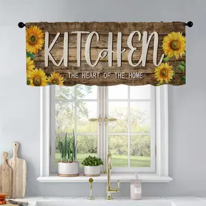 1 Pc Summer Sunflower Kitchen Wood Grain Linen Texture Background Kitchen Curtains Valance Living Room Bedroom Bathroom Home Decoration 54 Inches * 18 Inches Window Curtain