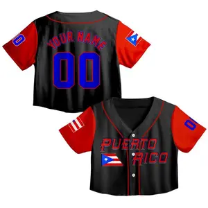 Puerto Rico Black Red Croptop Baseball Jersey, Custom Name 00 Button-Down Team Shirt, Retro Sporty Streetwear Top, Personalized Game Day Outfit