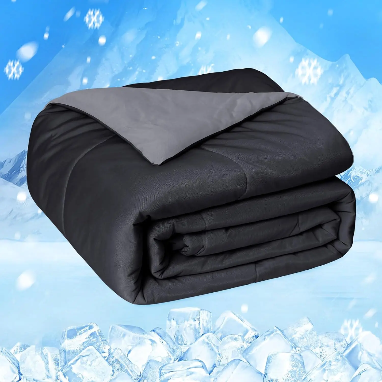 Queen Size (90x90) Cooling Comforter - Double-Sided Cold Tech Fabric, Q-Max 0.45, Breathable Cool Duvets, Soft, Silky Smooth, Lightweight, Durable Black Summer Bedding for Hot Sleepers, Machine Washable, Versatile Usage Scenarios