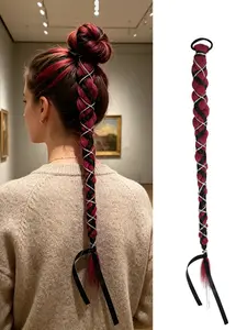 Burgundy & Braided Ponytail Extension, Heat Resistant Silk Hair, Silver Color Ribbon, Easy to Wear, Ideal for Parties