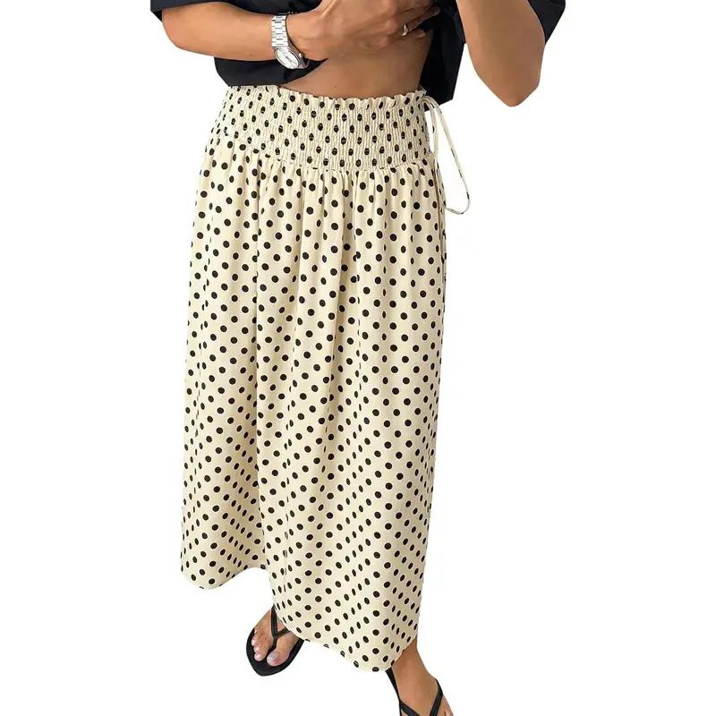 Tankaneo Women's High Waisted Boho Maxi Skirt - Stretchy Retro Soft Fabric, Polka Dot Print, Smocked Side, Tie Drawstring, Daily Elegance Beach-to-Party Casual Vacation Womenswear Bottoms