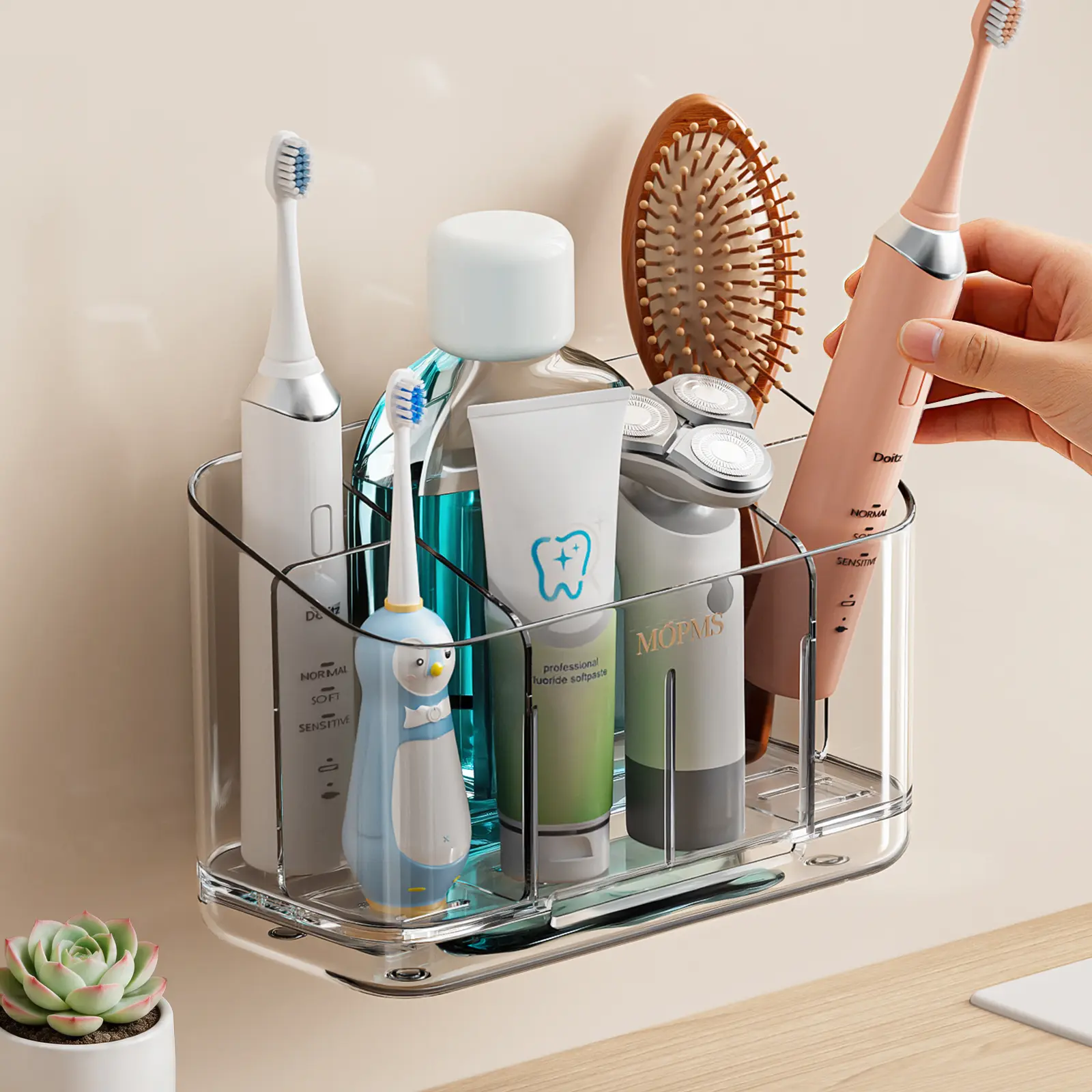 MOPMS Modern Wall-Mounted 5-Cup Toothbrush Holder with Silicone Drip Tray, Drainage Slot, Adjustable Toothpaste Holder, Durable Multi-Section Transparent Cosmetics Drawer & Bathroom Bottle Organizer, Home Essential Gift, Kitchen