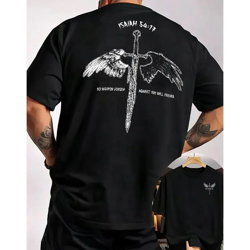 Pure Cotton Christian Isaiah 54 17 Cross Wing Back Print T Shirt Church Faith Wear