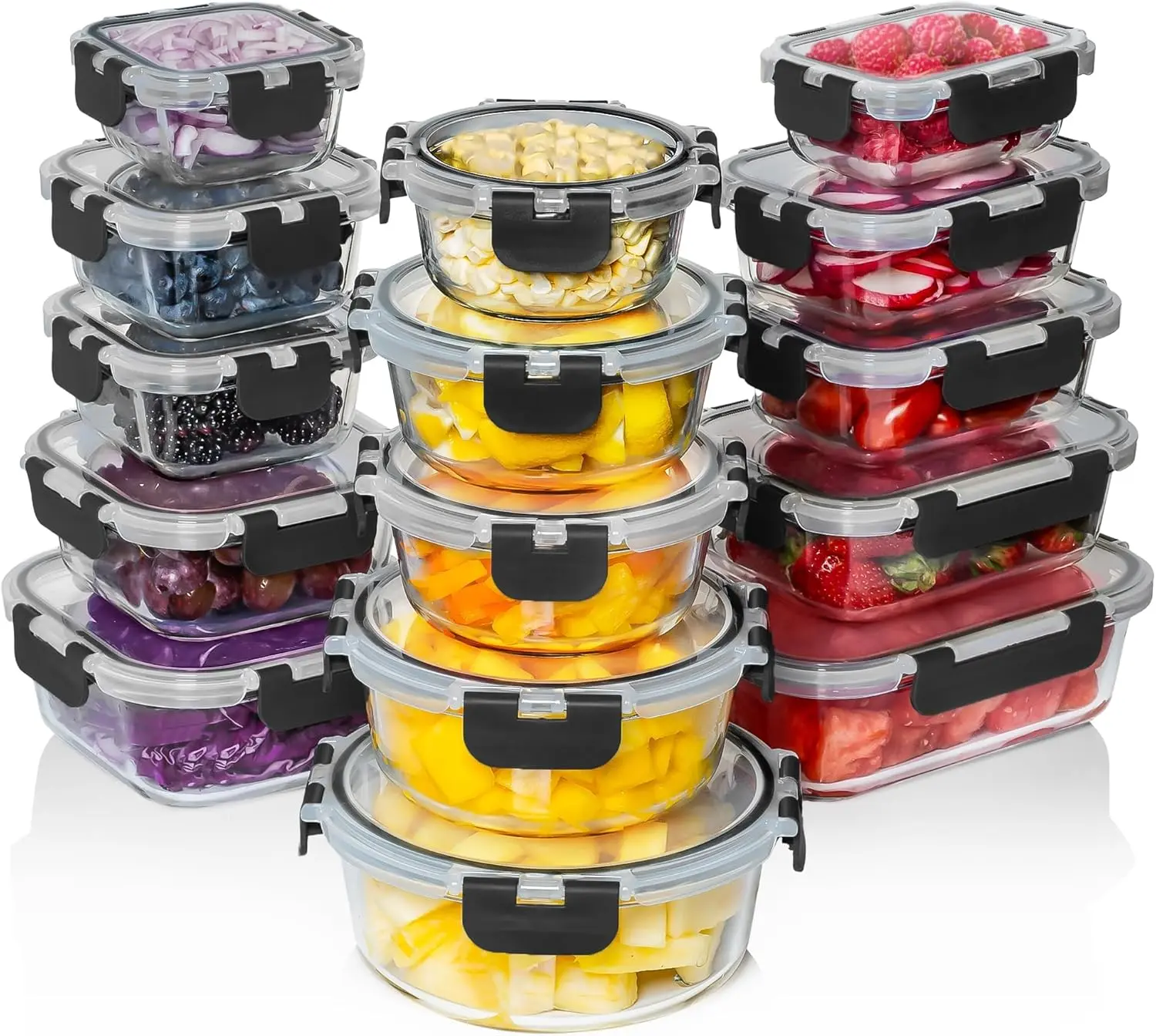 Razab 30 PC Glass Food Storage Containers with Lids - Reusable Glass Meal Prep Containers for Lunch and Leftovers - Airtight & Leakproof Snap Locking Lids - Oven, Freezer, Microwave, Dishwasher Safe