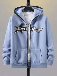 Hooded Sweatshirt with Star Celestial Letter Print, Casual Loose Fit Long Sleeve Jacket for Men and Women, Y2K Trendy Streetwear Couple Hoodie, Unisex