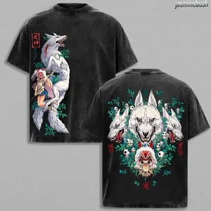 Princess Mononoke T-Shirt, Studio Ghibli Vintage Washed Tee, San and Moro Wolf Spirit Anime Shirt, Oversized Japanese Streetwear, Dark Aesthetic Manga Graphic Top, Unisex Casual Anime Fashion 4Q1