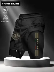 Men's Drawstring Pocket Shorts, Mexican Emblem Print, Comfortable Breathable Fabric, Durable Material, Perfect Gift, Daily Use