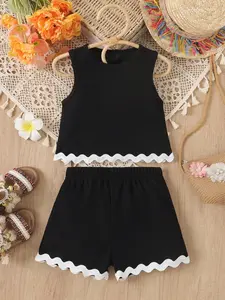 Youthful Girlswear Set, Pure Color Waffle Texture Sleeveless Top + Casual Simplistic Short Pants, Two-Piece Ensemble for Daily Wear
