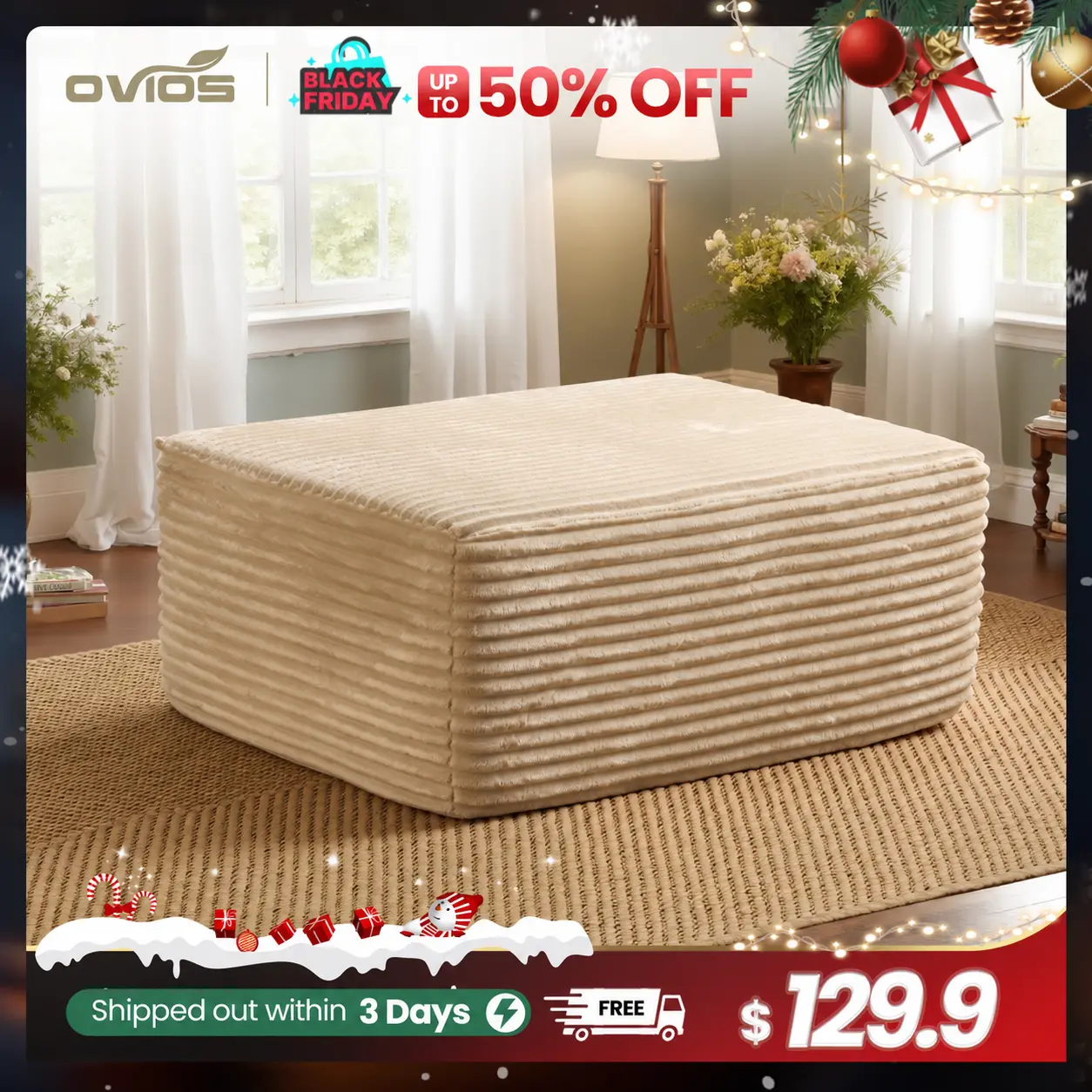 【Family Fun】OVIOS 37" Boneless Ottoman, Plush Corduroy Cloud Ottoman Footrest, 660 lbs Heavy Duty Upholstered Bench for Sofa, End of Bed, Living Room, Bedroom & Entryway, No Assembly Required