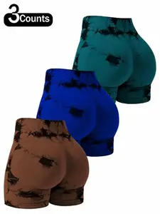 Qfen Sport High-Waisted Seamless Shorts, Tie-Dye Fall Fashion, Breathable Mesh Fabric, Compression & Anti-Squat Design, All-Season Wear, Stretchy Seamless Shorts