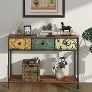 Entryway Console Table with 3 Retro  Fabric Drawers Boho Narrow Long Behind Couch Sofa Table with Bottom Open Storage Shelf for Hallway Living Room Foyer (Rustic Brown, 3 Drawers)