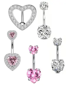 5pcs Belly Button Bars 316L Steel Navel Bar Piercing Rings 14G CZ Heart Pink Dangly Barbell Navel Bars Belly Button Piercing Jewellery 10mm Navel Piercing Jewelry