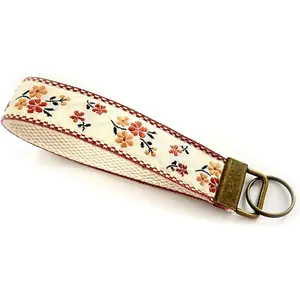 Embroidered Fabric Wristlet Keychain for Women, Cute Wrist Key Chain with Metal Hardware