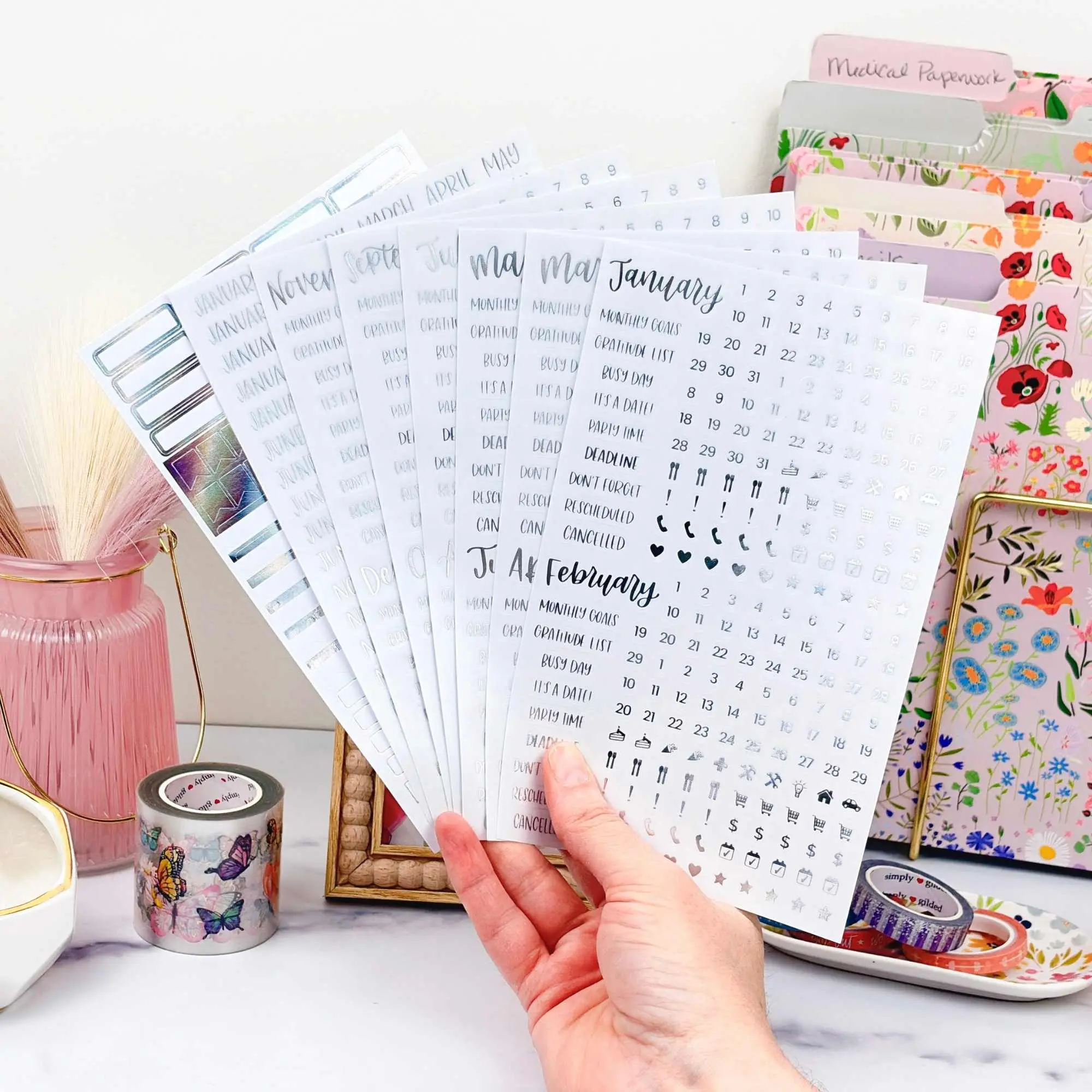Planner Stickers | Calendar Essentials | Iridescent Foil on Clear
