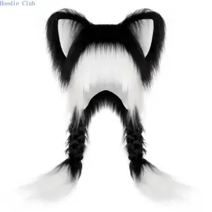 Faux Fur Animal Ear Hat with Long Braids Y2K Aesthetic Plush Beanie Kawaii Black White Contrast Furry Earflap Cap Winter Streetwear Cybercore Festival Accessories for Women Girls Artificial Christmas Tree Snow Light Up LED Swing Hammock Chair