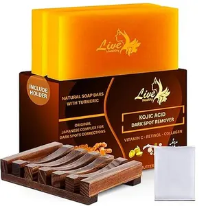 Live Healthy Kojic Acid Soap - Skin Brightening and Lightening for a Radiant Complexion - Natural, Gentle, Turmeric Soap Bar for Dark Spots, Uneven Skin Tone & Acne Scars - 2 Pack + Holder & Net