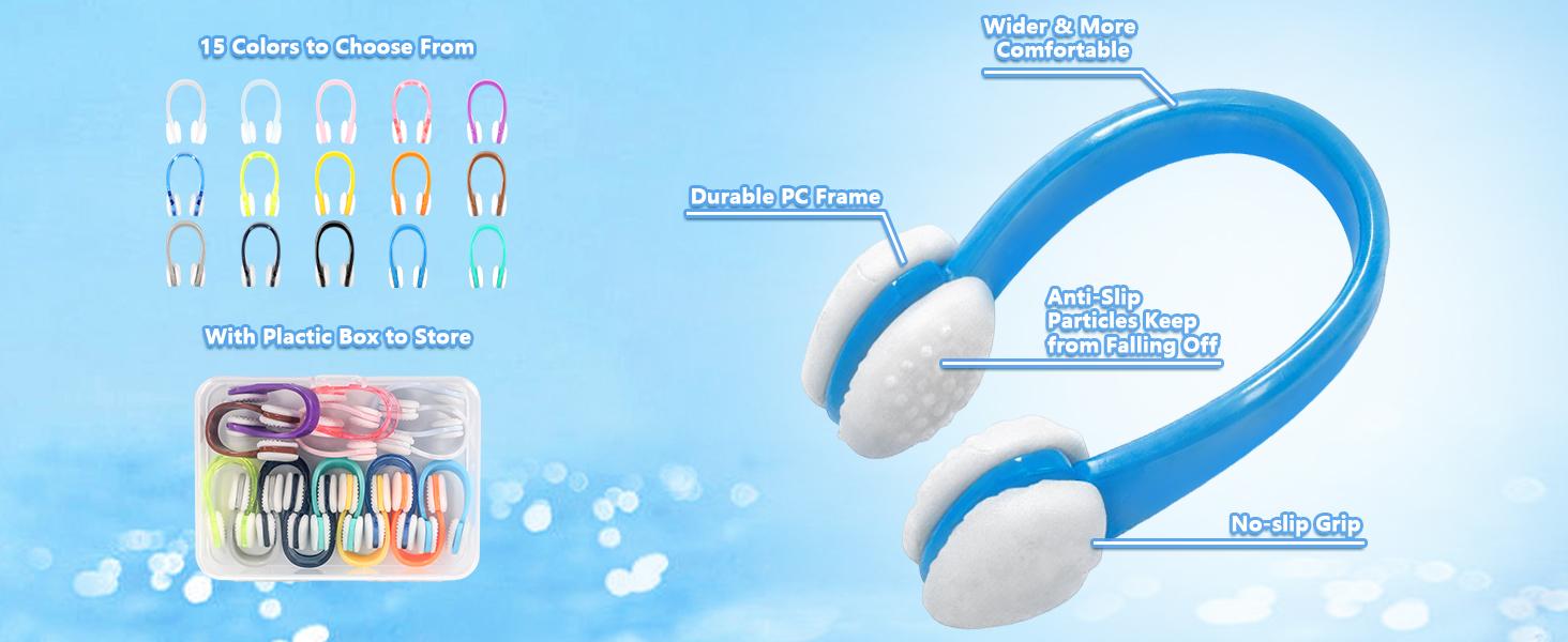 15Pcs Swimming Nose Clips, Nose Plugs for Swimming with Waterproof Silica Gel for Kids (Age 7+) and Adults, Bright Colors