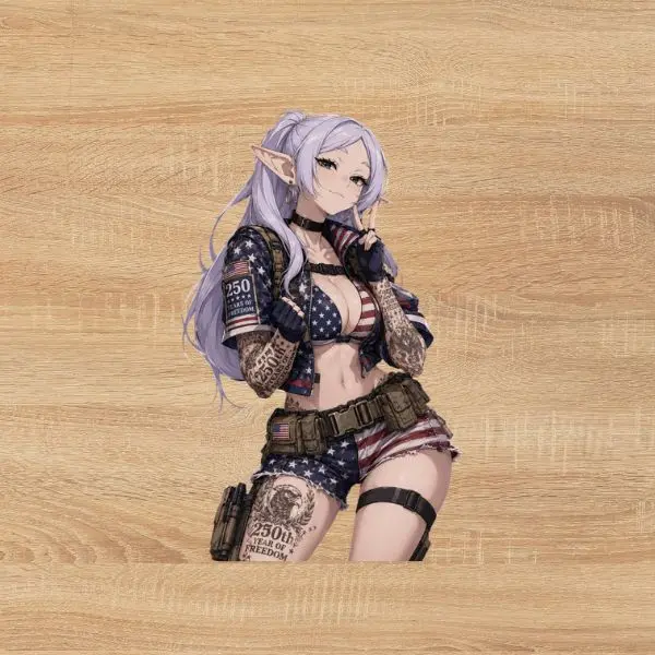 Frieren Tactical Waifu 250th Year of Freedom Sticker, American Flag Anime Elf Girl Decal, Patriotic Tattooed Anime Waifu Vinyl Sticker for Laptop, Water Bottle & Car