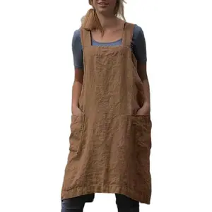 Cotton Linen Apron Cross Back Apron for Women with Pockets Pinafore Dress for Baking Cooking