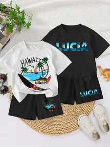 Boys Summer Fashion Cool Beach Scene Print Short Sleeve T-Shirt + Casual Comfortable Shorts Set, Unisex Kids Clothing Gift