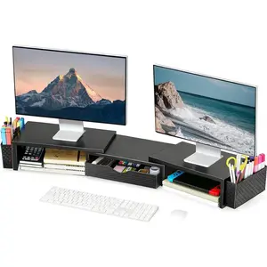 Metal Desk Organizers and Accessories, Dual Monitor Stand Riser with Drawer and 2 Pen Holders, Desk Accessories & Workspace Desktop Organizers for Office Supplies (Black)