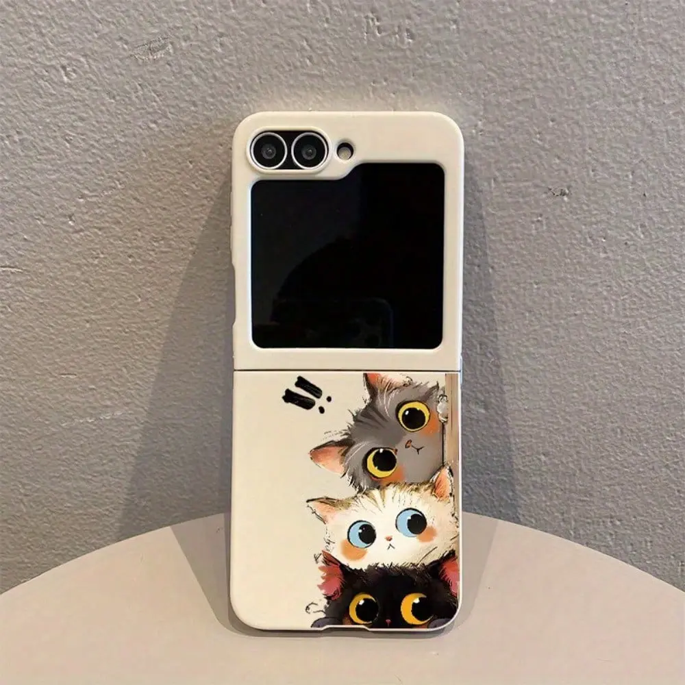 Cute Three Peeking Cats Pattern Folding Phone Case for Samsung Galaxy Z Flip 3/4/5/6/7 & Motorola Moto Razr 40/50/60 Series. Shockproof, impact-resistant and durable, perfect for daily use and gifting.
