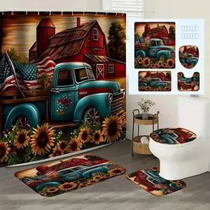 4pcs country style truck and flag, exquisite shower curtain set, non-slip floor mat, U-shaped carpet, toilet lid cover, perfect for bathroom decoration, partition, beautify the space, 12 shower curtain hooks are included, Bathroom Decoration Accessories