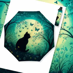 Moonlight Cat Butterfly Automatic Umbrella, Dreamy Forest Style Sunshade, Rainproof Two-In-One Umbrella, 8-Rib Design