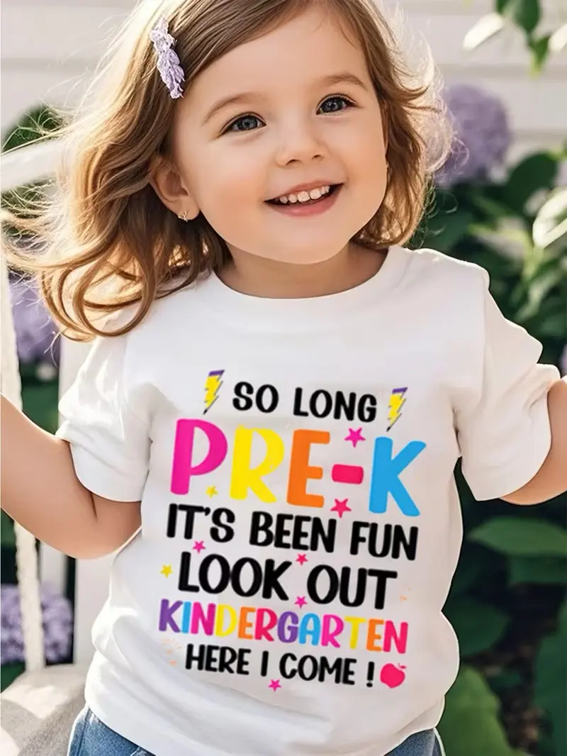 So Long Pre-k Its Been Fun Look Out Kindergarten Here I Come Kids Cotton T-Shirt - Graduation Theme - Comfortable Round Neck Short Sleeve with Colorful School Motifs - Ideal for Summer, Preschool Graduation Gifts