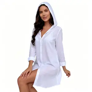 Women's Solid-Color Hooded Sheer Beach Cover-Up Cardigan, Notched Lapel, Single-Breasted Front, Rollable Sleeves, Long Length, Sun Protection - Seaside Vacation Outfit