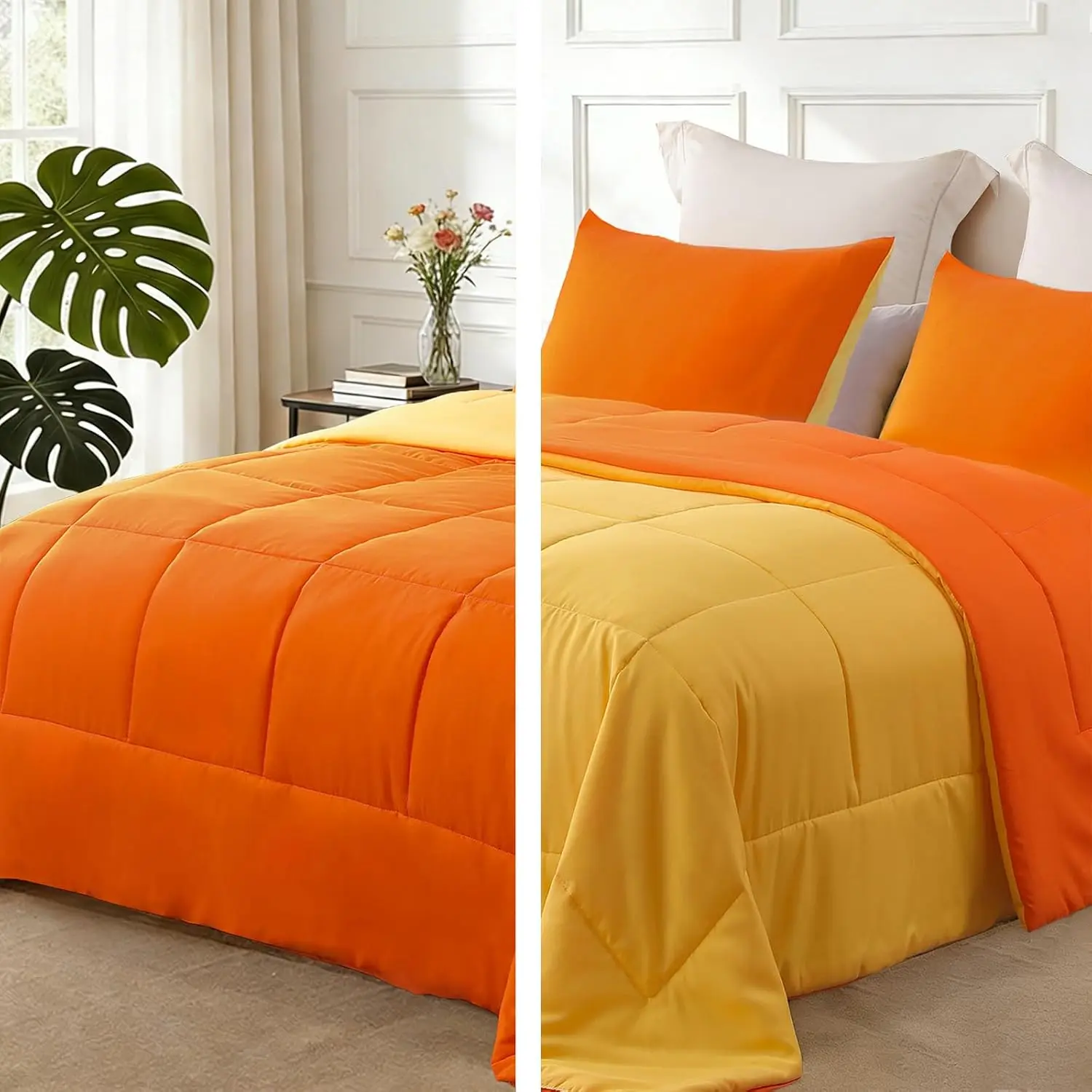 Lightweight Reversible Twin Size Comforter Set, Down Alternative Comforter with 1 Pillow Sham, Twin Size Bedding Set for All, Orange/Yellow