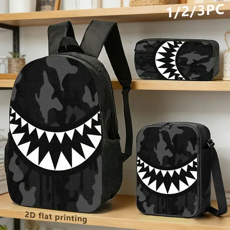 Unisex Shark-Mouth Camouflage 3-Piece Luggage Set - 600D Oxford Fabric Backpack with Adjustable Straps, Lunch Bag, Pencil Case, Breathable Shoulder Straps, 15-in Laptop Compatibility for School Travel