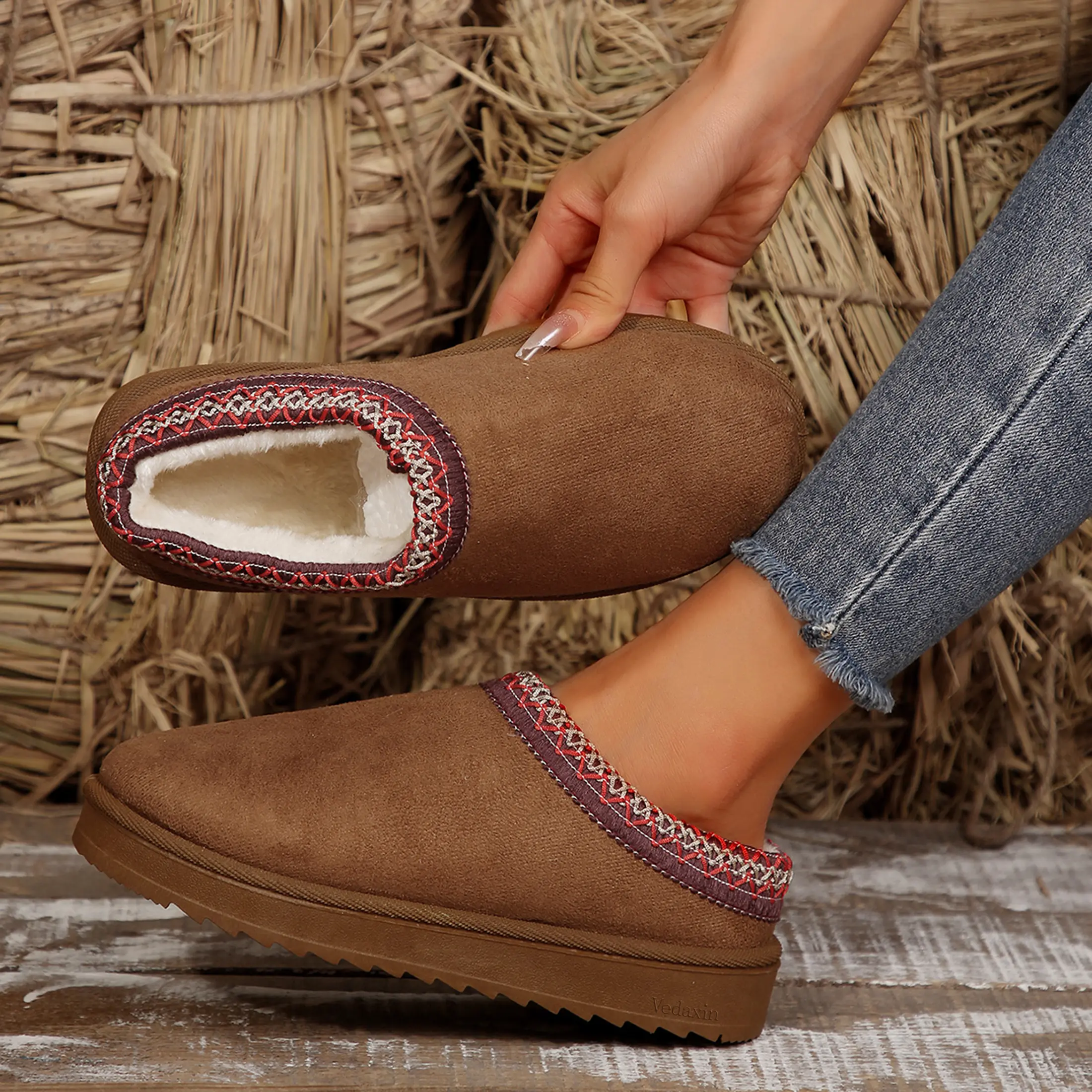 Women's Platform Cotton Slippers Mini Boots Braid Slippers with Plush Fleece Lining  Fuzzy Warm Slippers for Women Slip on Shoes