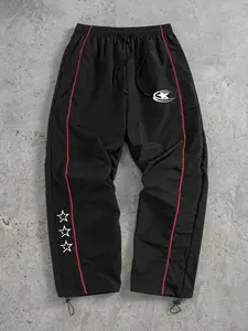 Men's Stars Print Athleisure Pants with Lines, Spring Autumn Quick Dry Breathable Trousers, Drawstring Elastic Waist Sporty Sweatpants with Adjustable Cuffs and 2 Side Pockets