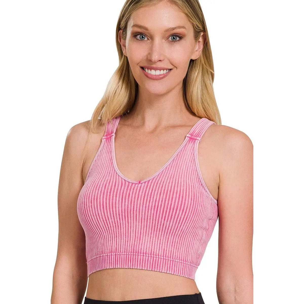 Zenana Women's Washed Ribbed Cropped Tank Top, Padded Sleeveless Bralette in Breathable Nylon Elastane Fabric