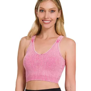Zenana Washed Ribbed Cropped Bra Tank Top for Women, Basic Everyday Short Top in Nylon with Removable Pads