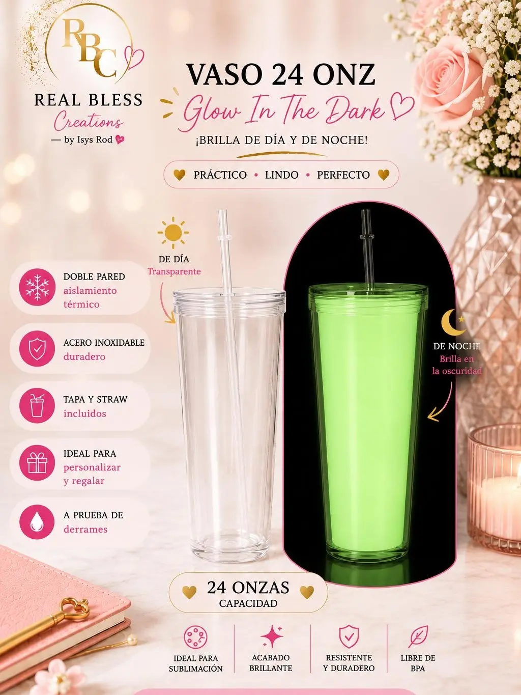 24 oz Glow in the Dark Tumbler  Personalized Acrylic Cup with Lid & Straw