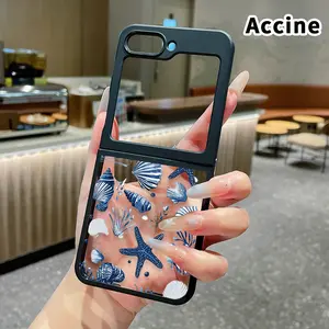 Seashell Symphony Pattern Foldable TPU Phone Case with Axis Guard and Complete Lens Protection for Z Flip 7/6/5/4 Shockproof Silicone Transparent Cover