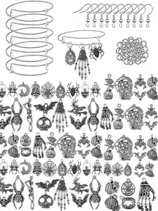 Halloween Jewelry Making Kit, DIY Bracelet Necklace Earring Set, Adjustable Silver Color Bangles, Random Pendant Charms, Perfect Gift